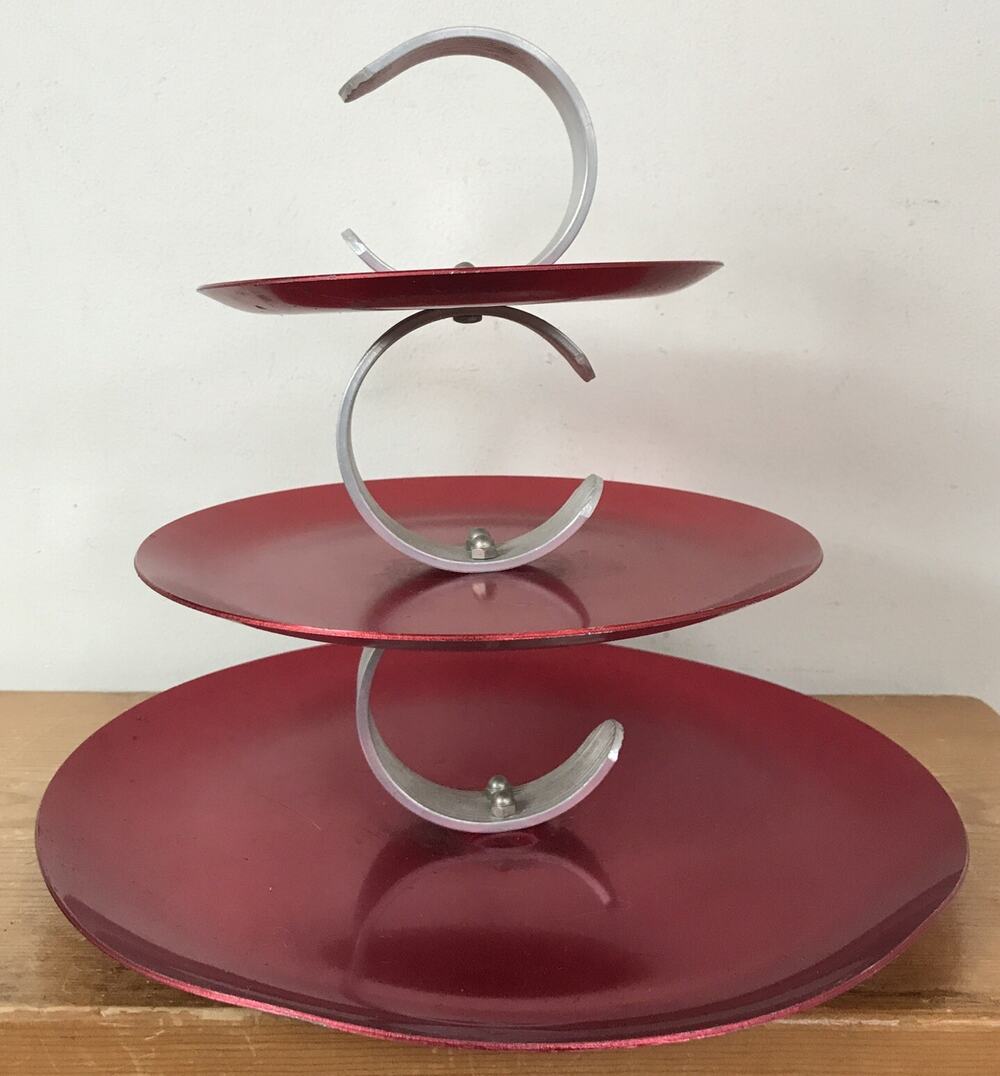 Vtg Regal Ware Red Art Deco Aluminum Cookie Cake Candy Tiered Tidbit Tray 11"